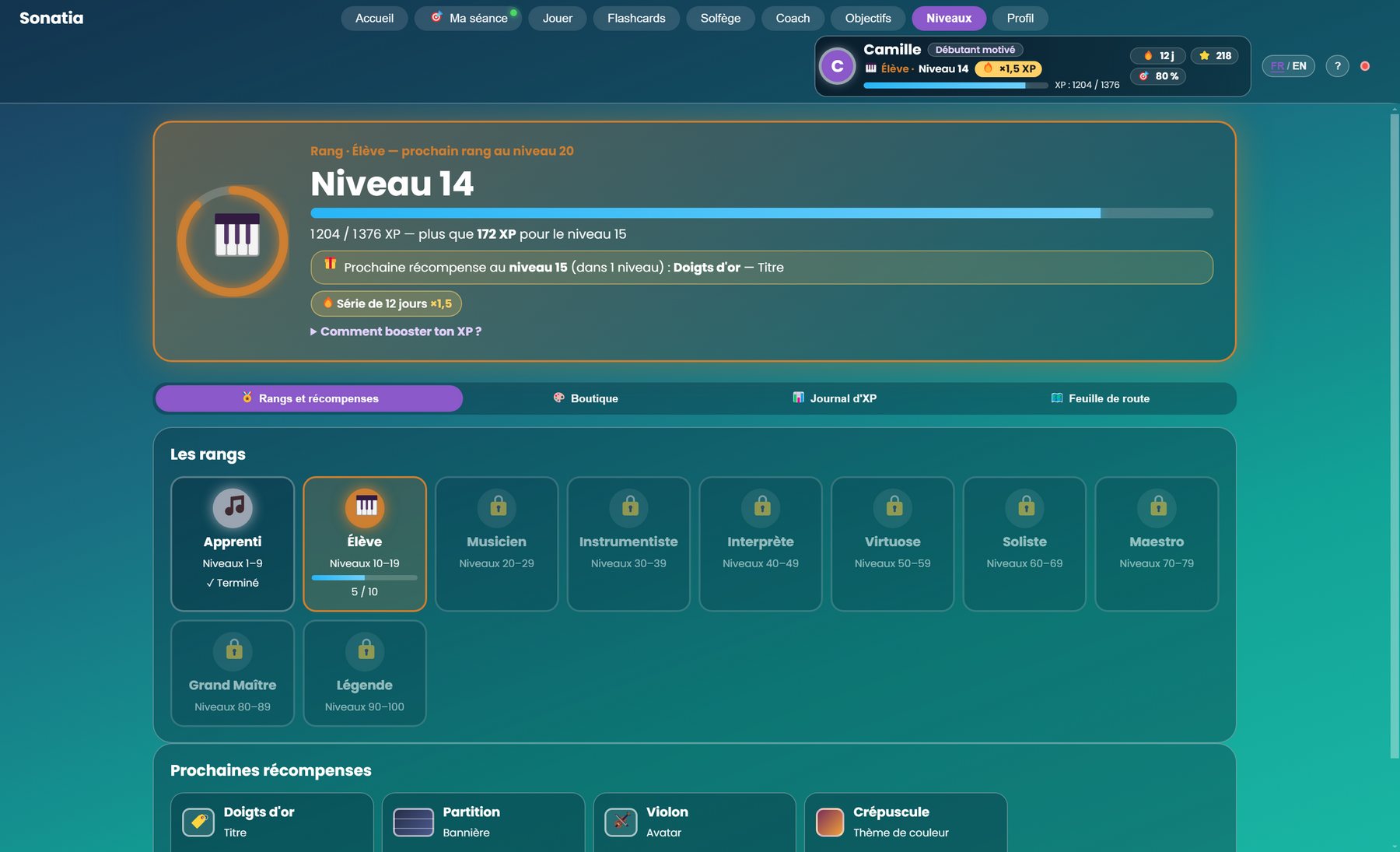 L'écran des niveaux avec le rang, la progression et les prochaines récompenses